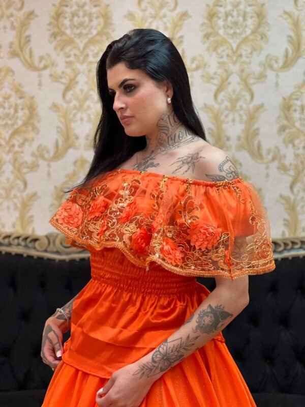 Blusa Babado Bordado Laranja 369 - Imagem 3