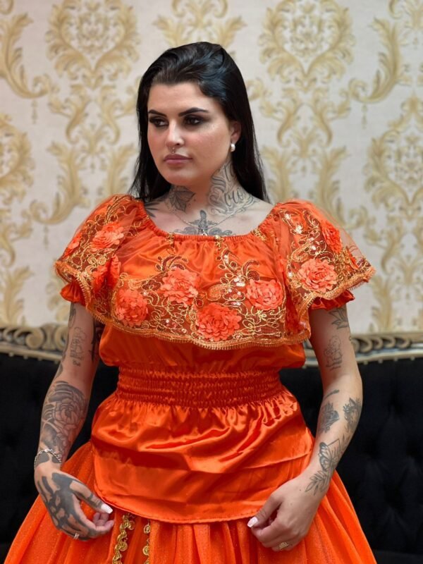Blusa Babado Bordado Laranja 369 - Imagem 2