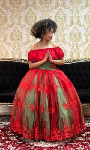 Saia Bordada Longa Verde/Verm 639