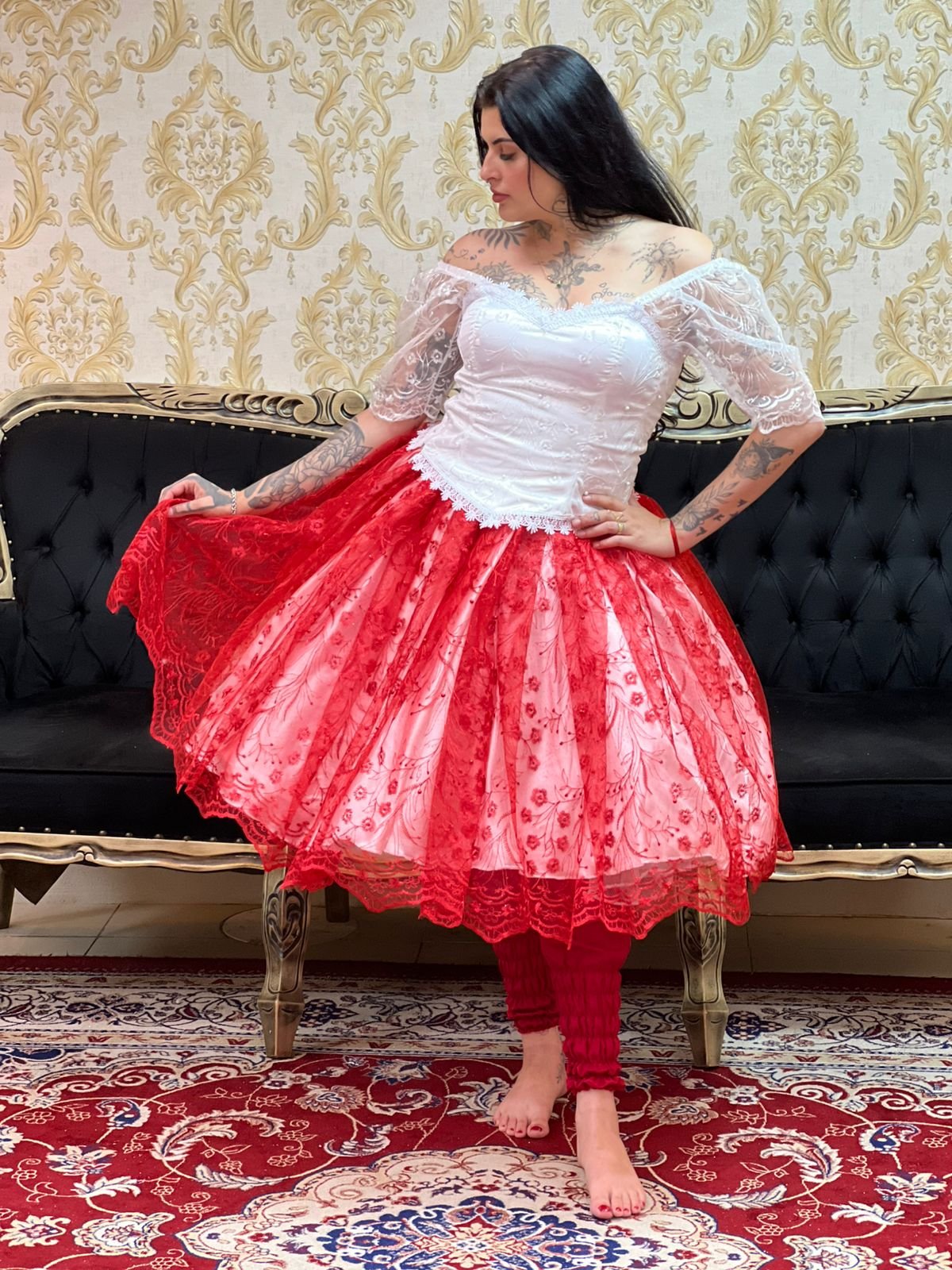 Saia Pérola Curta Branco/Verm 036