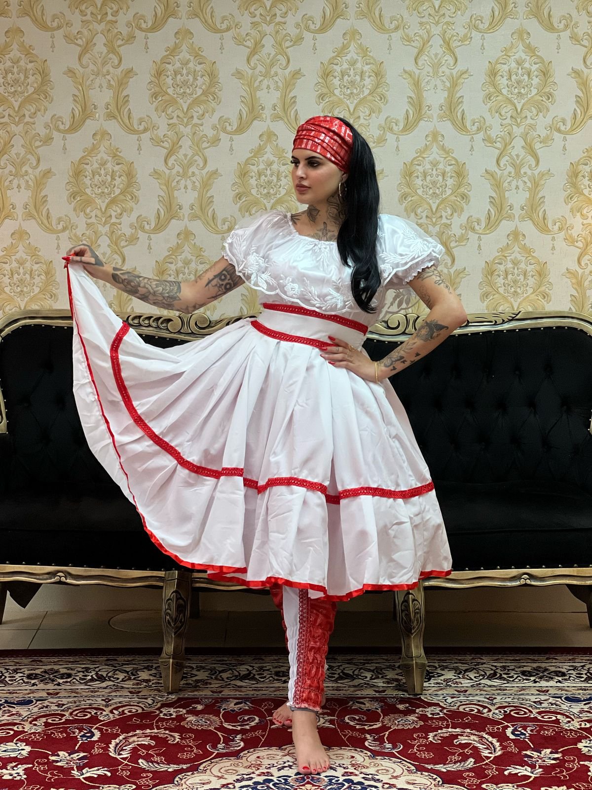 Saia 1 Babado Curta Bco/Verm 079