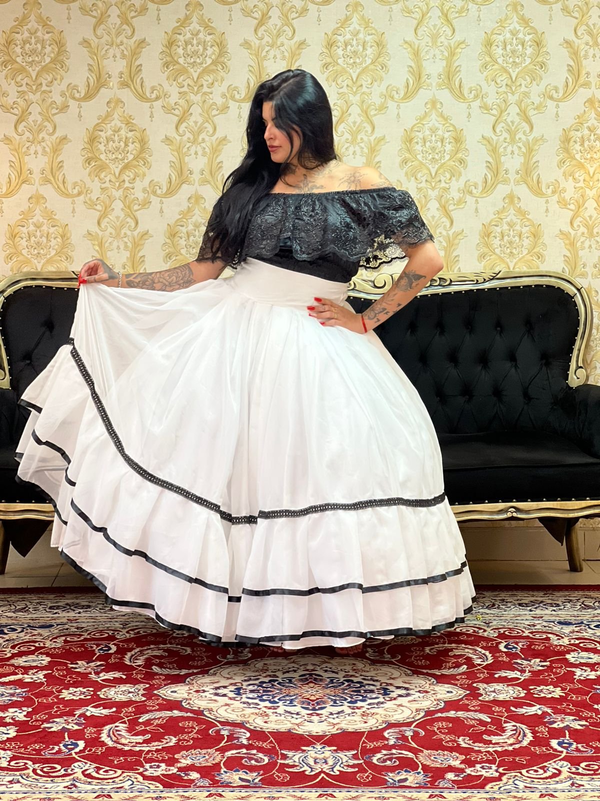 Saia 2 Babados Voal Bco/Pto 083