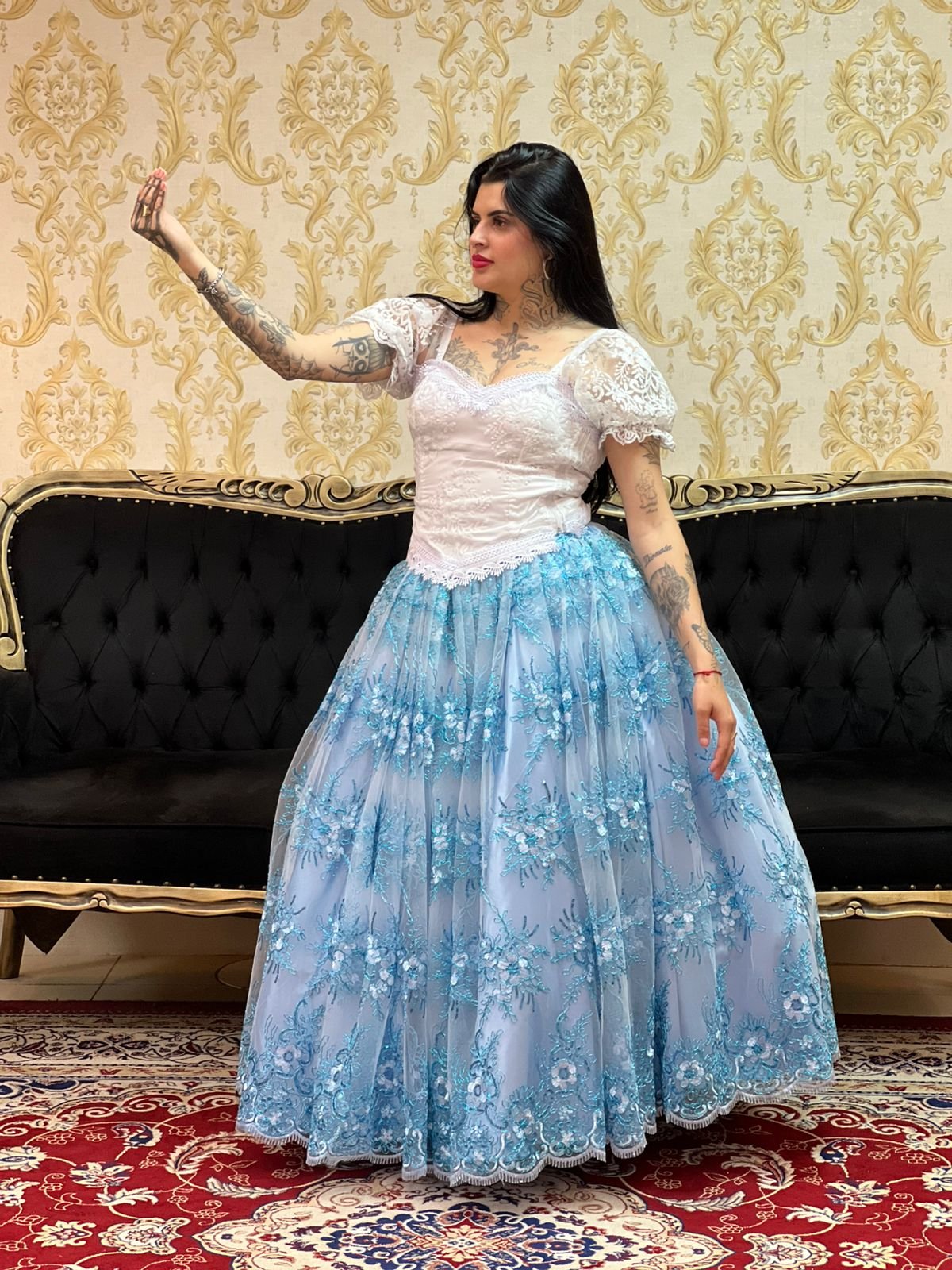 Saia Bordada Longa Azul 416