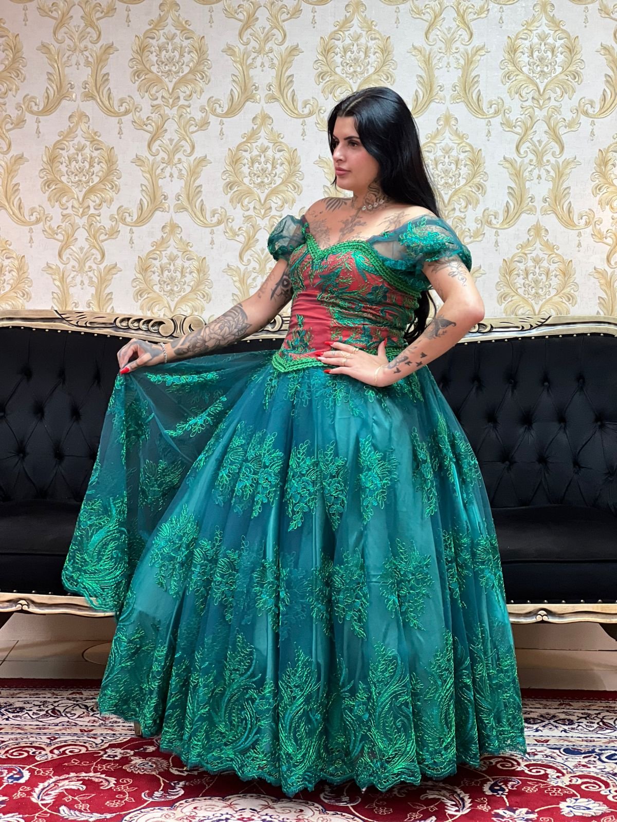 Saia Bordada Metalic Longa Verde 617