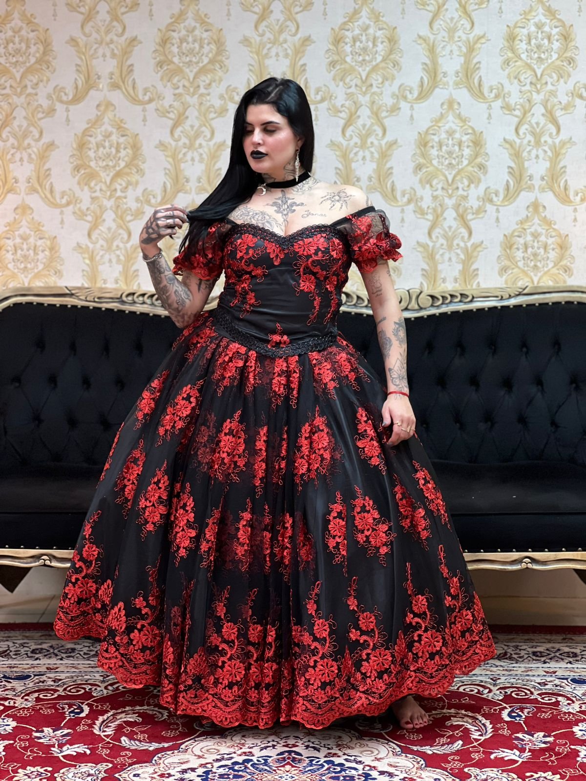 Saia Bordada Longa Pto/Verm 2129