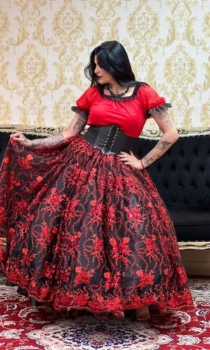 Saia Bordada Longa Pto/Verm 2129