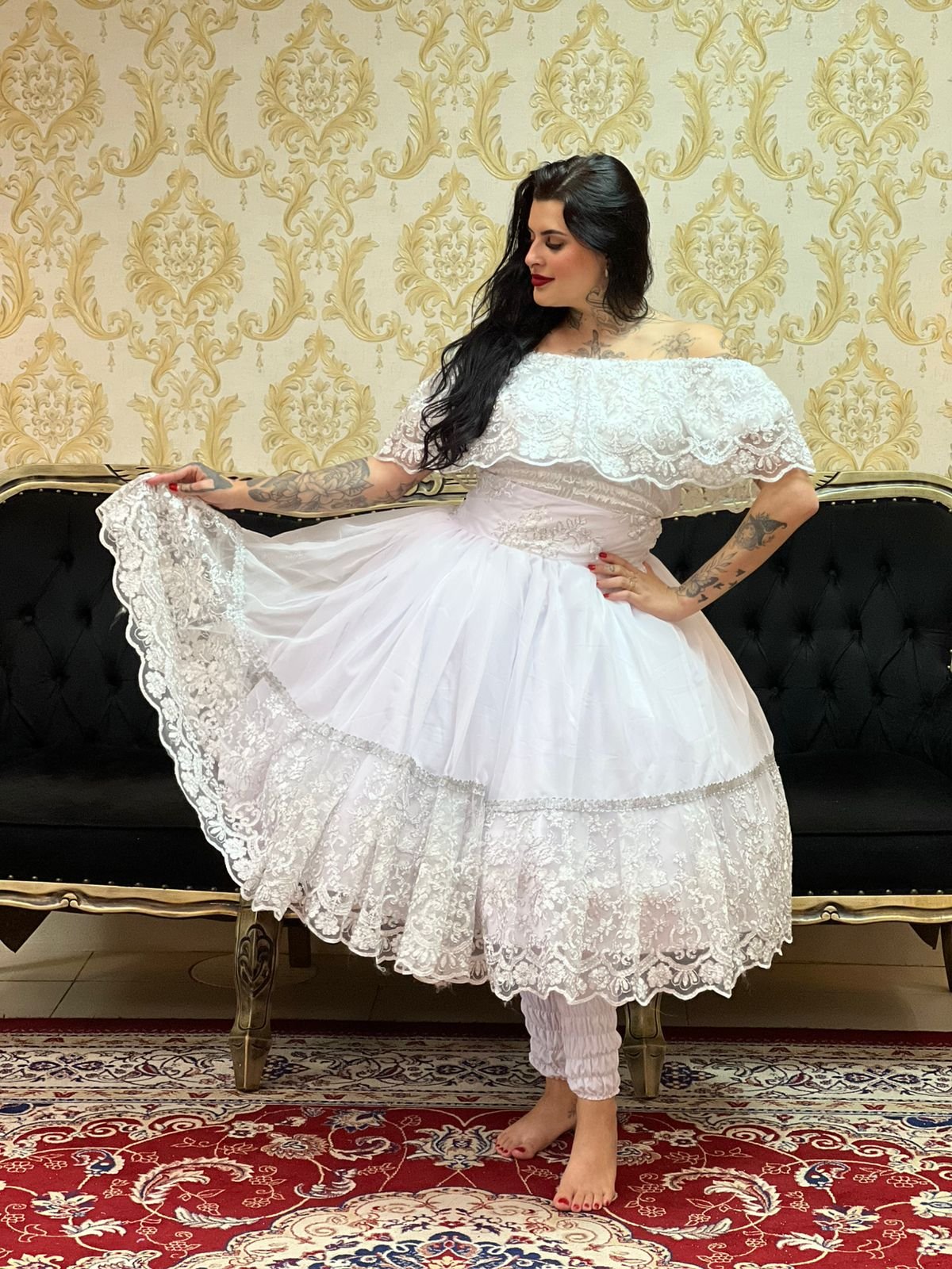 Saia 1 babado Curta Voal/Tule Bco/Pta 025