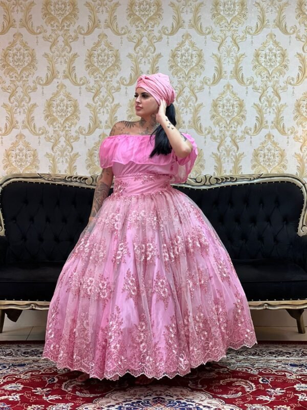 Saia Bordada Paetê Longa Rosa 721