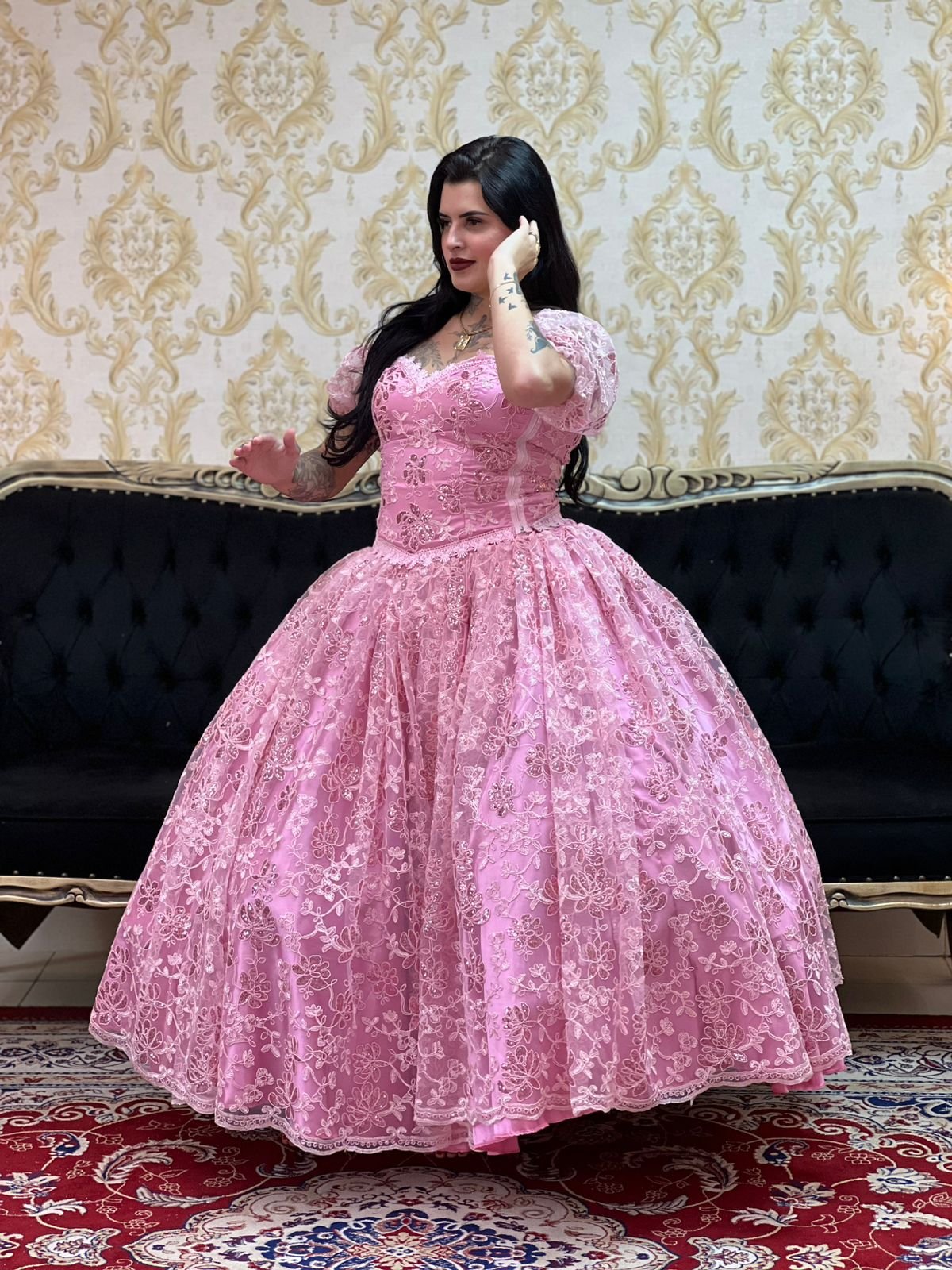 Saia Bordada Paetê Longa Rosa 721