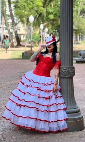 Saia 7 Babados Voal/Fitas Bco/Verm 052