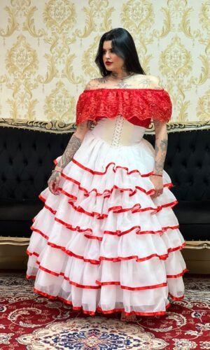 Saia 7 Babados Voal/Fitas Bco/Verm 052