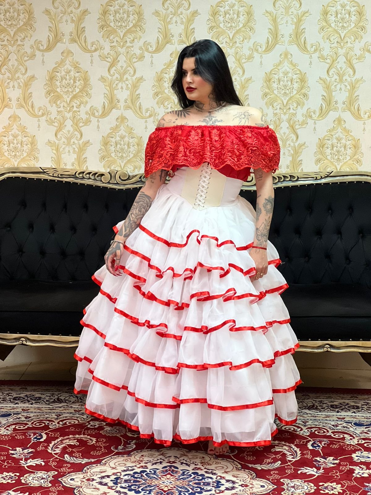 Saia 7 Babados Voal/Fitas Bco/Verm 052