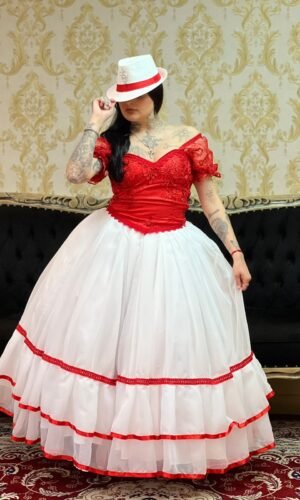 Saia 2 Babados Voal Branco/Verm 070