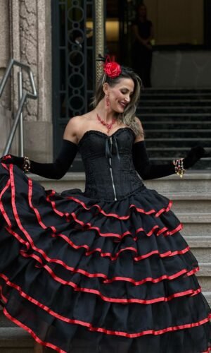 Saia 7 Babados Voal/Fitas Pto/Verm 2170