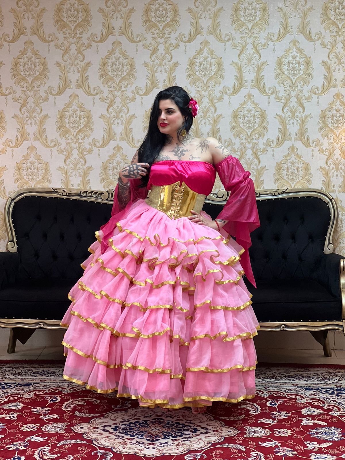 Saia 7 Babados Voal/Fitas Rosa/Dou 8708