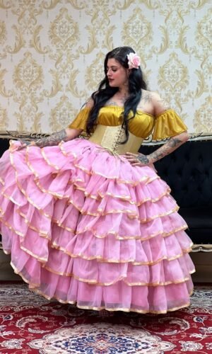Saia 7 Babados Voal/Fitas Rosa/Dou 8708
