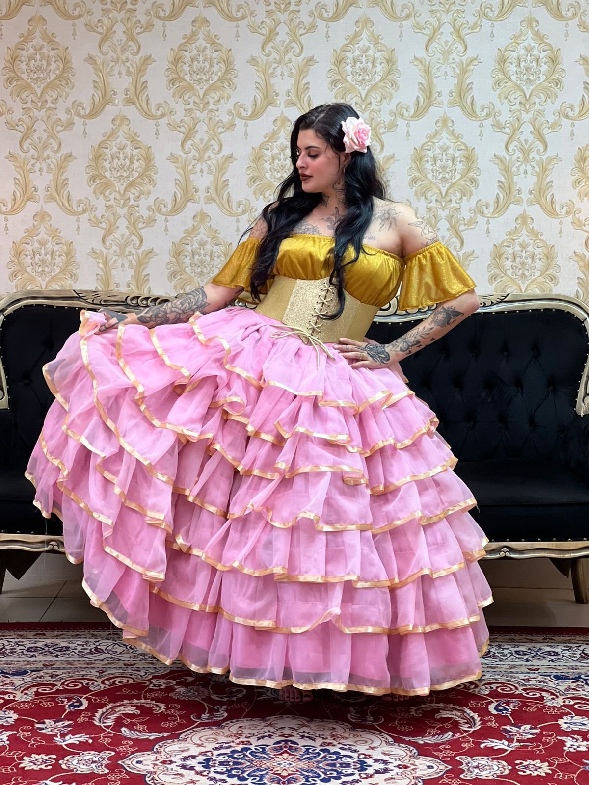 Saia 7 Babados Voal/Fitas Rosa/Dou 8708