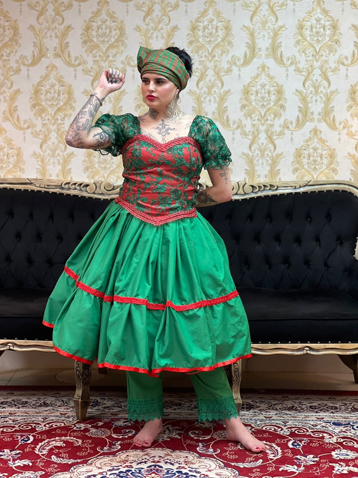 Saia 1 Babado Curta Verde/Verm 607