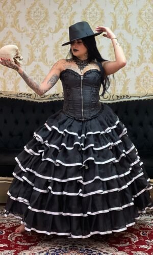 Saia 7 Babados Voal/Fitas Pto/Bco 2068