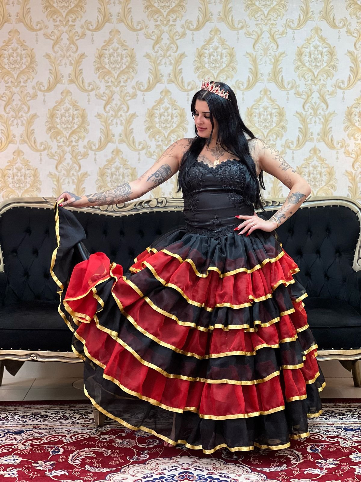 Saia 7 Babados Voal/Fitas Pto/Verm/Dou 2130