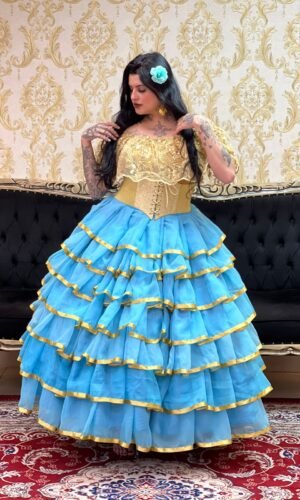 Saia 7 Babados Voal/Fitas Azul/Dou 8406