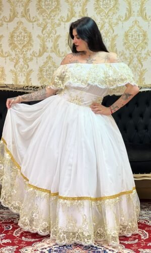 Saia 1 babado Voal/Tule Bco/Dourado 047