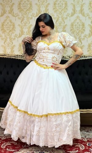 Saia 1 babado Voal/Tule Bco/Dourado 047