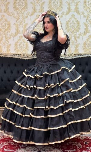 Saia 7 Babados Voal/Fitas Pto/Dour 294