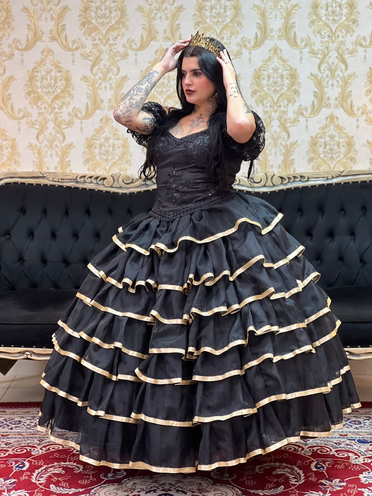 Saia 7 Babados Voal/Fitas Pto/Dour 294