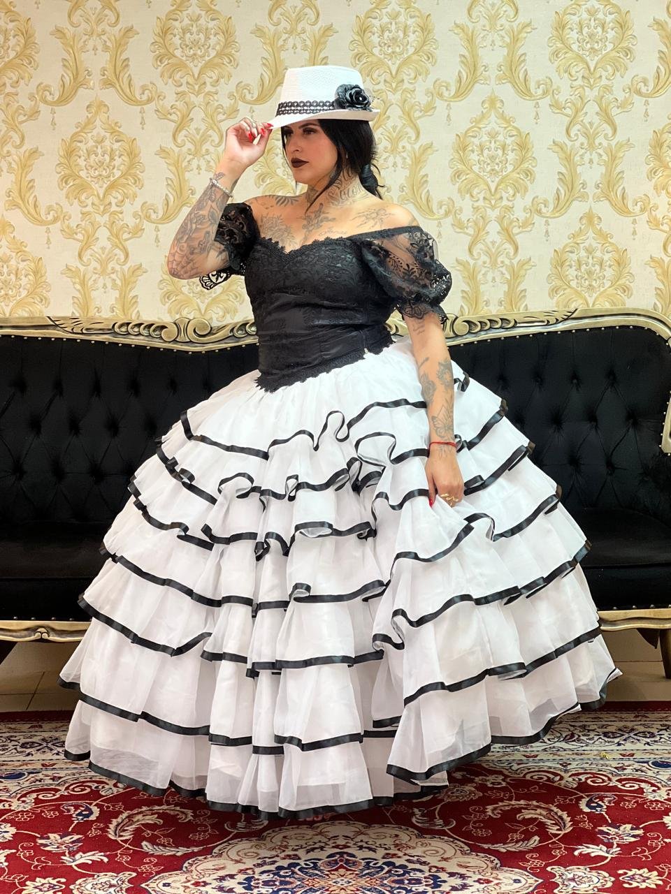 Saia 7 Babados Voal/Fitas Bco/Pto 2030