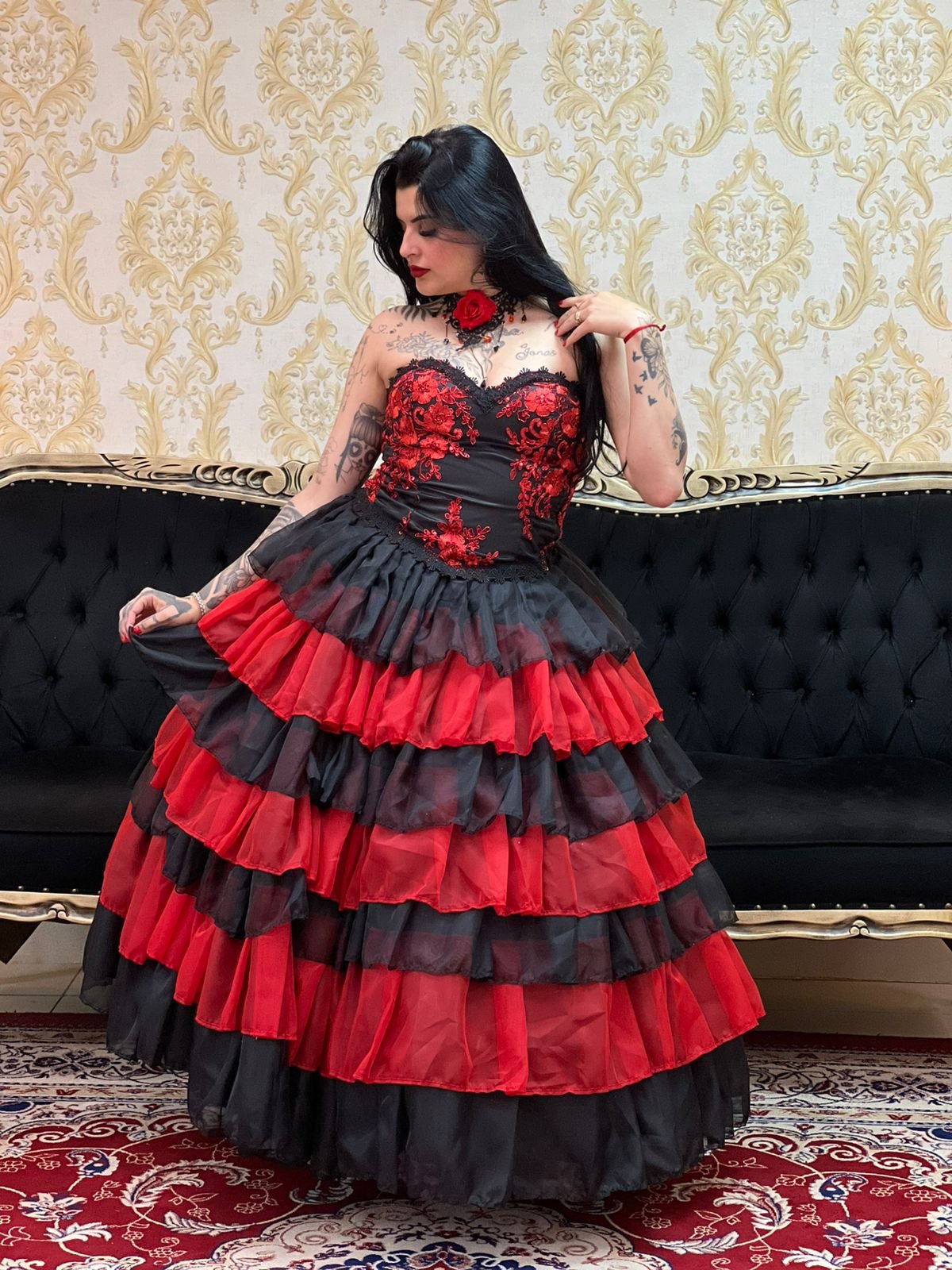 Saia 7 Babados Voal Pto/Verm 2154