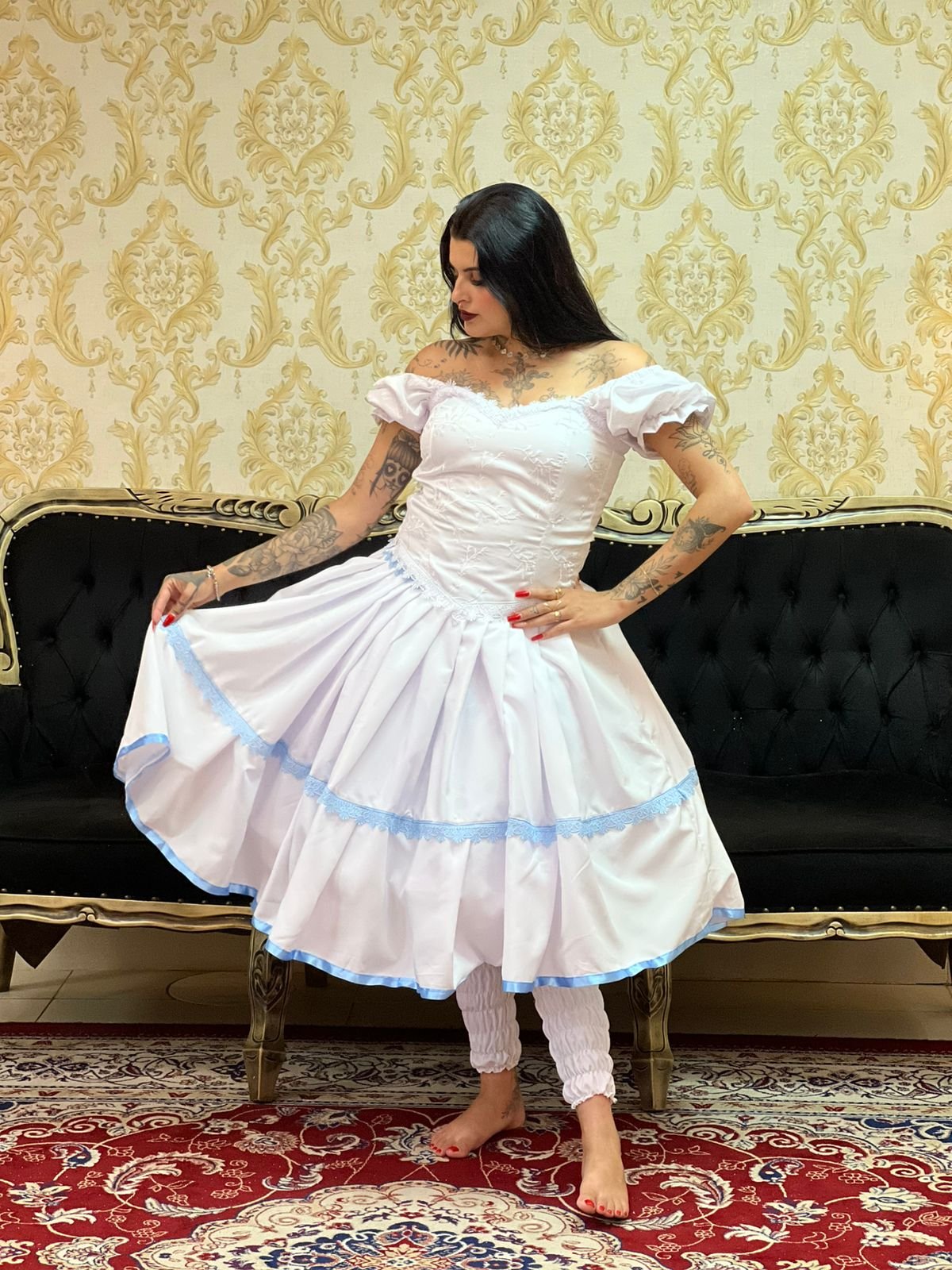 Saia 1 Babado Curta Bco/Azul 064