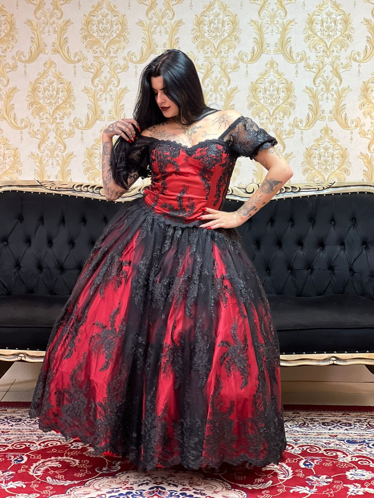 Saia Bordada Longa Verm/Preto 2160