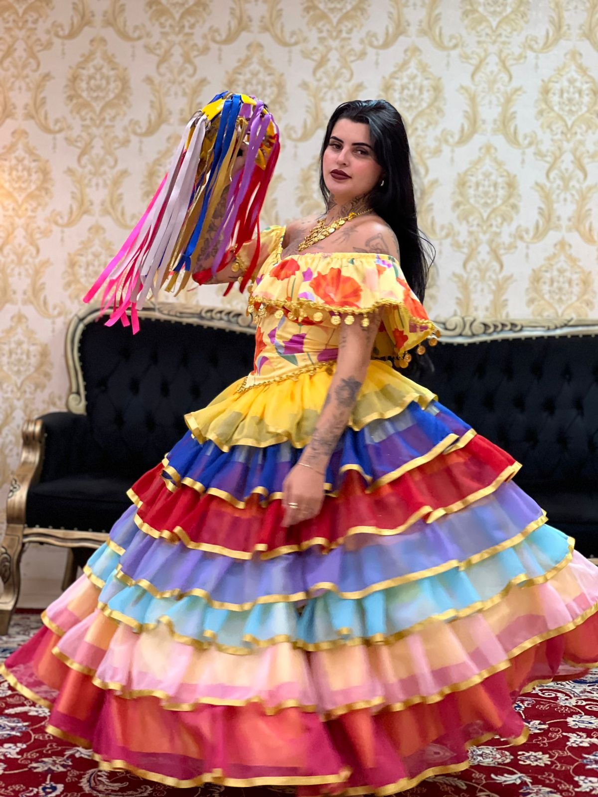 Saia 7 Babados Voal/Fitas Colorido 8710