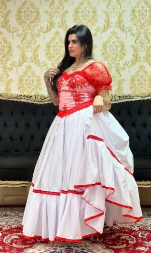 Saia 1 Babado Longa Bca/Verm 055