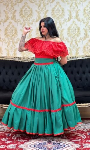 Saia 1 Babado Longa Verde/Verm 608