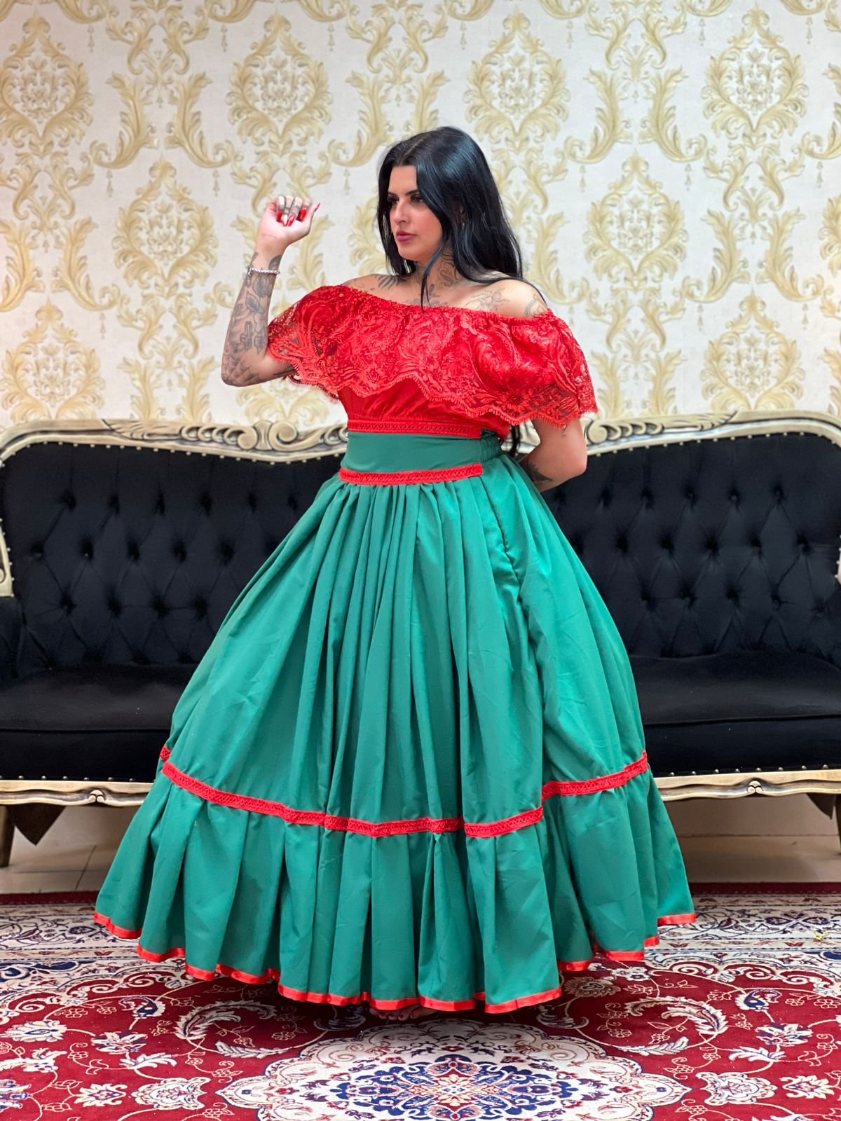 Saia 1 Babado Longa Verde/Verm 608