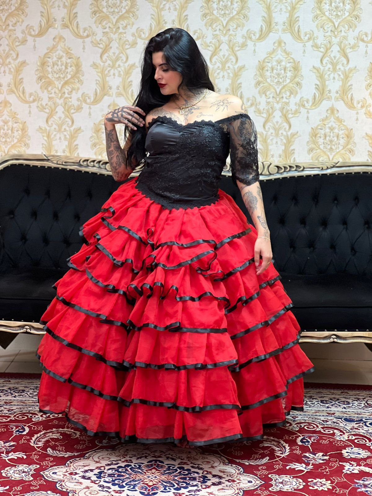 Saia 7 Babados Voal/Fitas Verm/Pto 2169