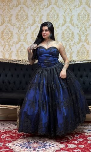 Saia Bordada Metalic Longa Azulão/Pto 2474