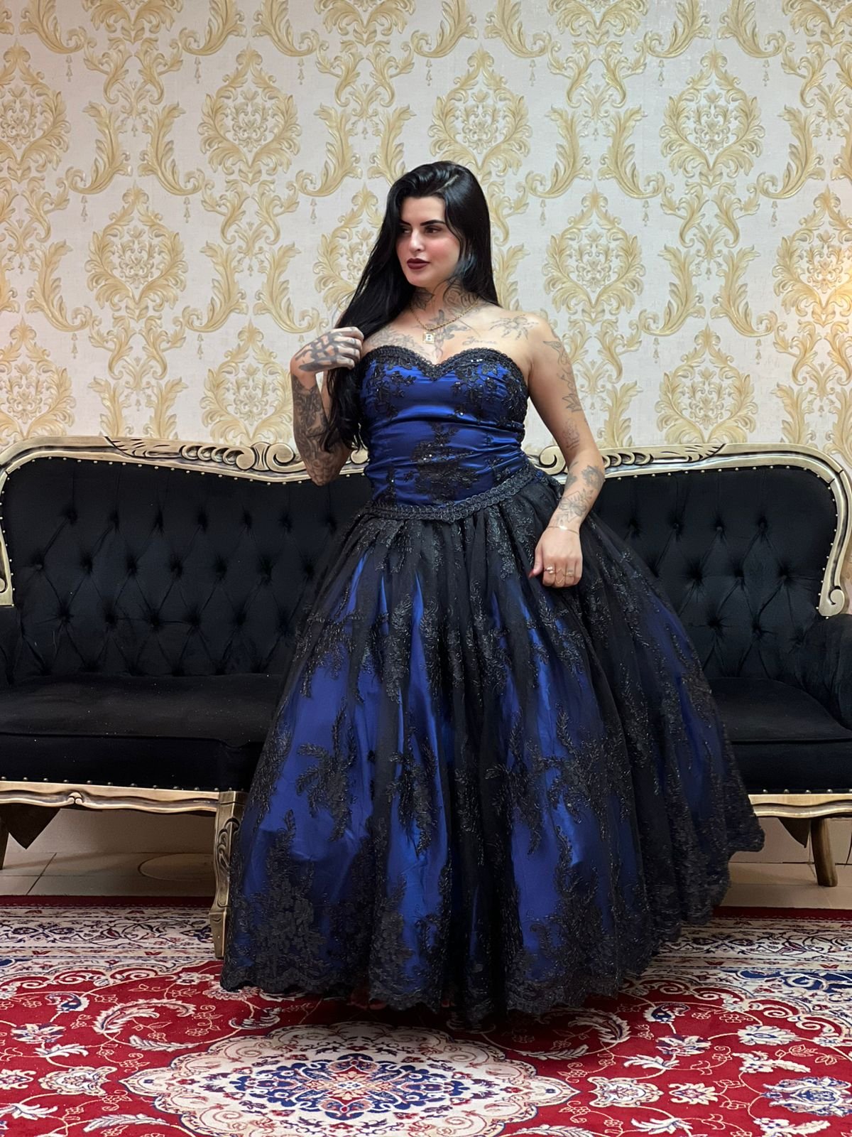 Saia Bordada Metalic Longa Azulão/Pto 2474