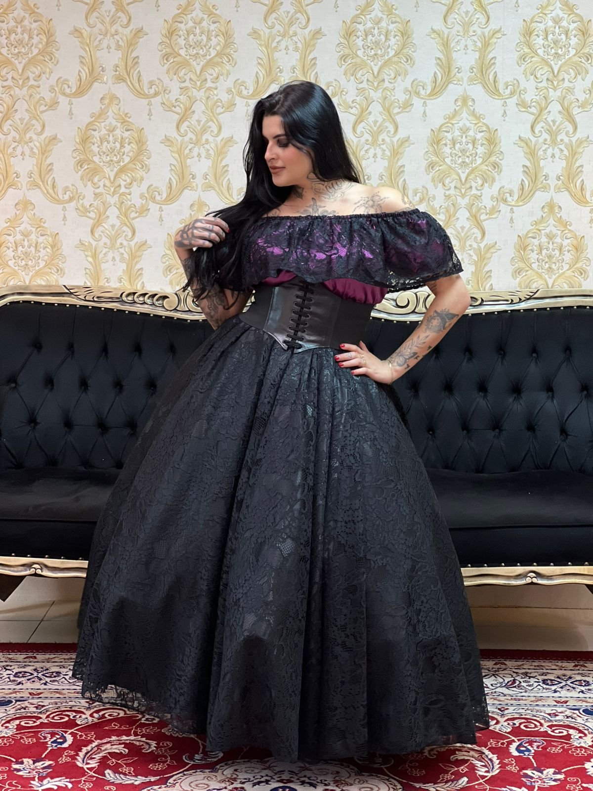 Blusa Babado Renda Roxo/Pto 553