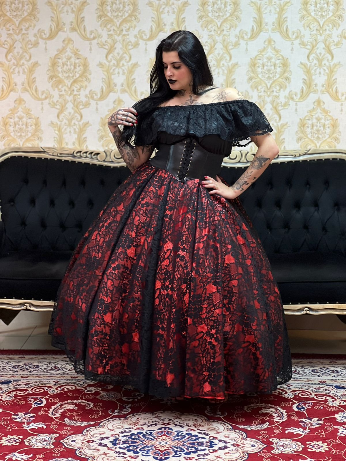 Saia Renda Longa Preto/Verm 2103