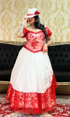 Saia 1 babado Voal/Tule Bco/Verm 082