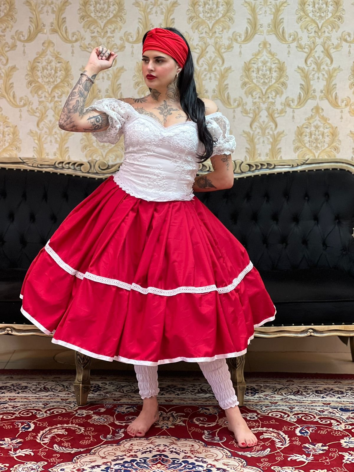 Saia 1 babado Curta Verm/Bco 144