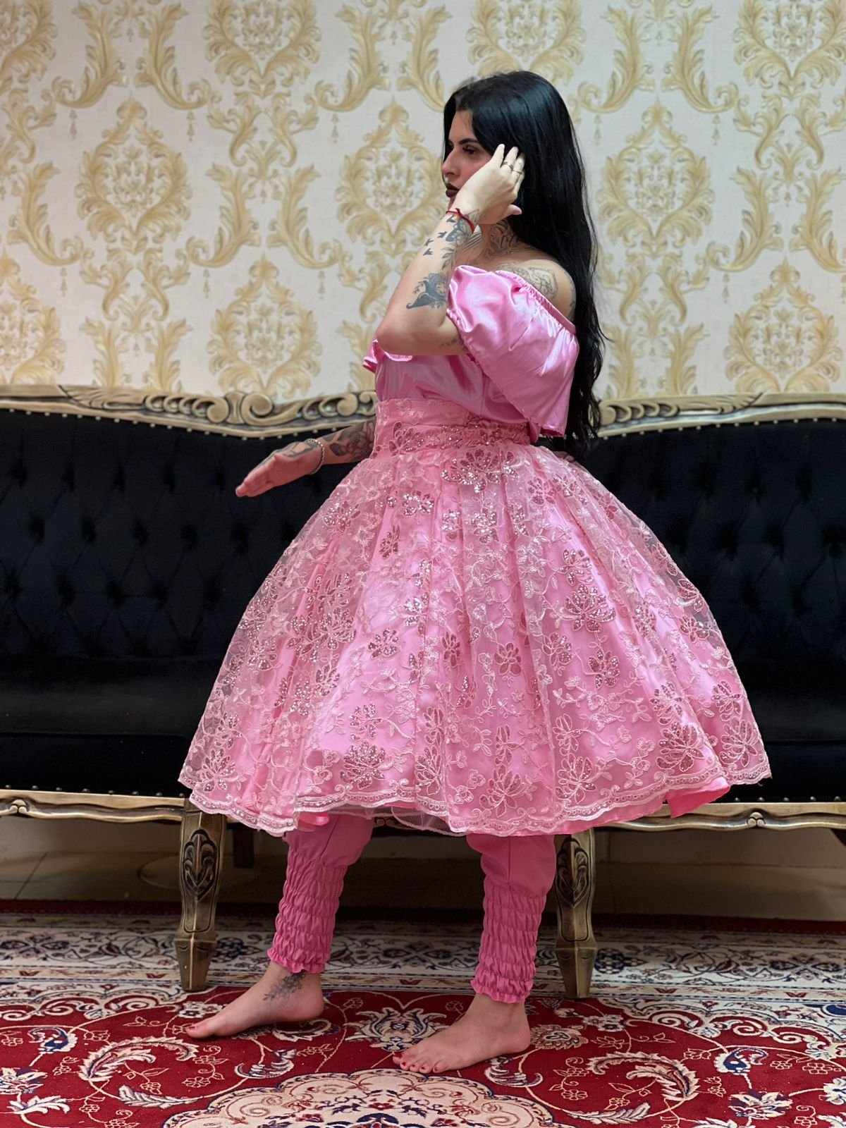 Saia Bordada Paetê Curta Rosa 757