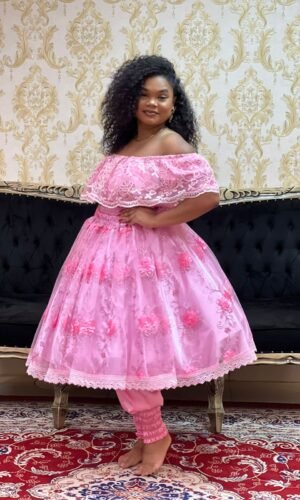 Blusa Babado Bordado Paetê Rosa 727