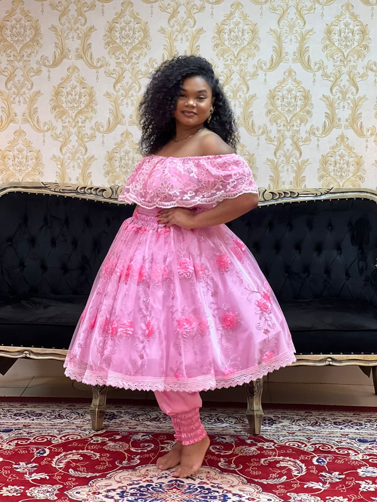 Blusa Babado Bordado Paetê Rosa 727