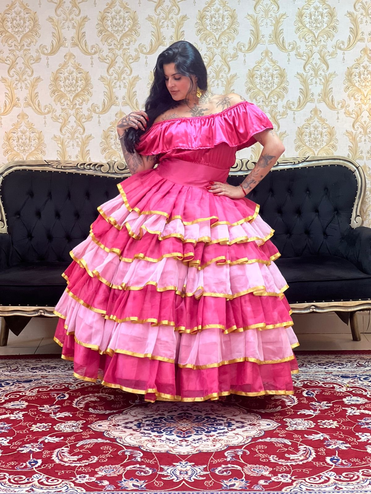 Saia 7 Babados Voal/Fitas Rosa/Pink 8727