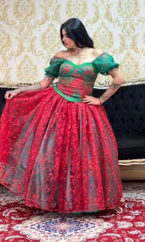 Saia Pérola Longa Verde/Verm 661