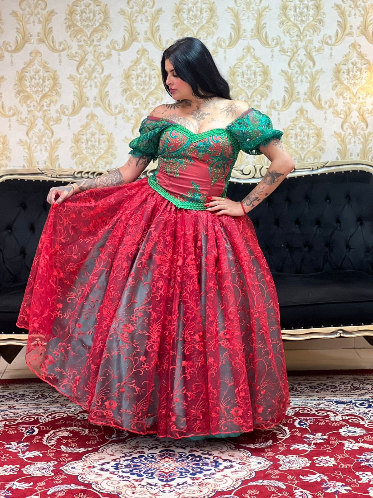 Saia Pérola Longa Verde/Verm 661